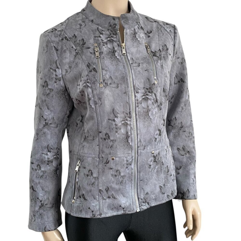 Ness Floral Leather Look Moto Jacket Zip Up Brushed Biker Coat Sz M/10​